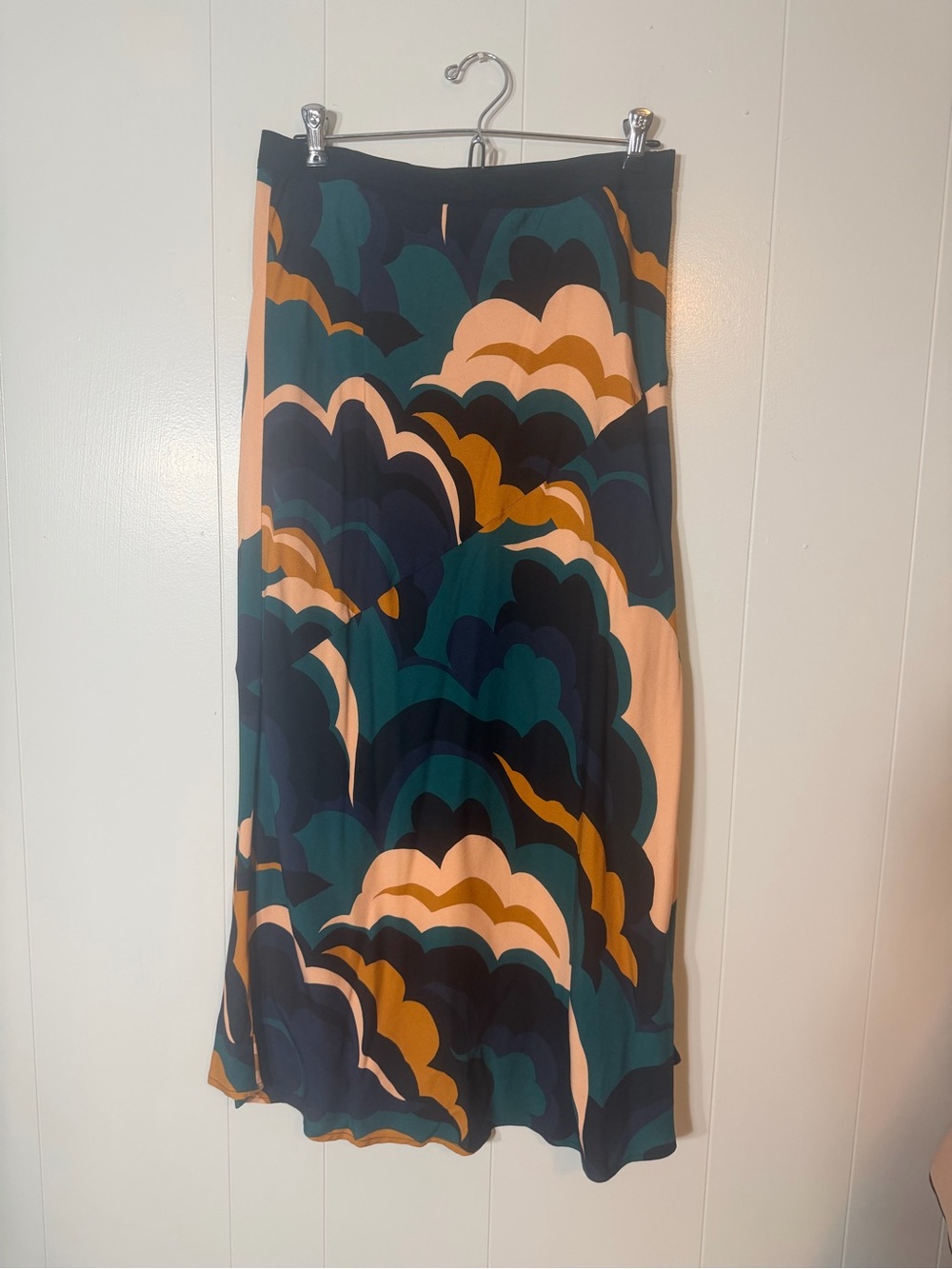 Corey Lynn Calter Womens Printed A-Line Midi Skirt in Teal, Navy & Peach
